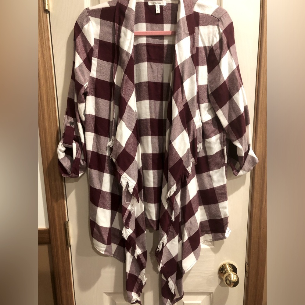 Womens burgundy/maroon and white plaid open-front  kimono style cardigan.